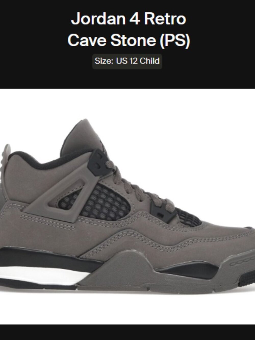 Child Size 12c - Jordan 4 Retro Cave Stone (PS) - IB4388-200 - AUTHENTIC NEW!